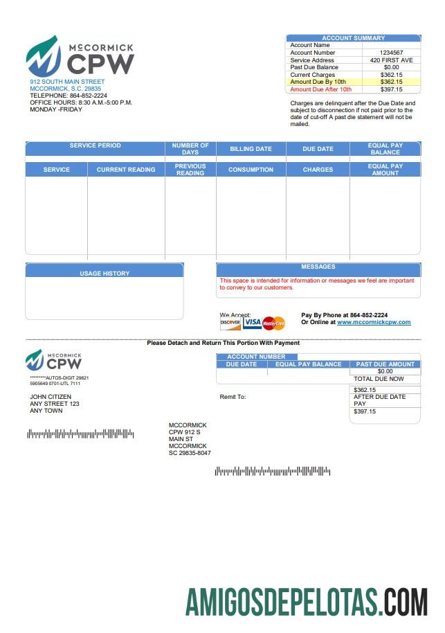 realista Modelo de fatura de serviços públicos CPW dos EUA em formato Word e PDF